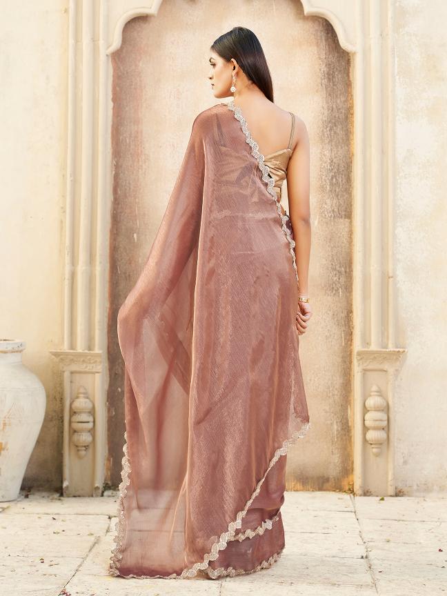 Two toned copper and gold colored jimmy choo saree with embroidered lace